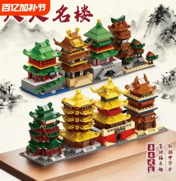 Yellow Crane Tower Building Blocks Tengwang Pavilion High-Difficulty Chinese Ancient Architecture Street Scene Model Educational Assembly Toy for Boys and Girls