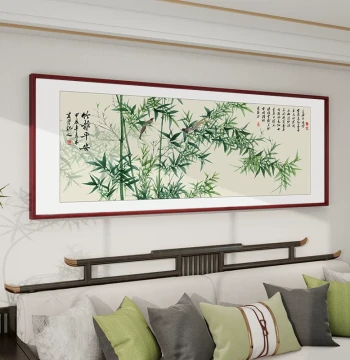 Bamboo Brings Peace Wall Art: New Chinese Style Living Room Sofa Background Decoration, Flower-and-Bird Ink Painting with National Style Bamboo Motif