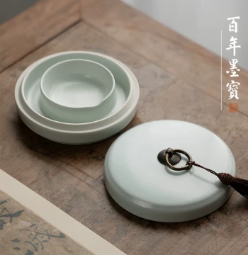 Ru Kiln Celadon Hotpot-Style Inkstone with Lid - Wholesale Calligraphy and Painting Supplies Including Brush Rest and Mountain