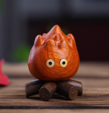 Solid Wood Matchstick Man Calcifer Flame Figurine - Cute Carved Magnetic Decor for Creative Home Display