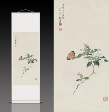 Pear Blossom and Butterfly Silk Scroll Painting - New Chinese Style Entrance Hall Decoration - Traditional Bird-and-Flower Art for Living Room
