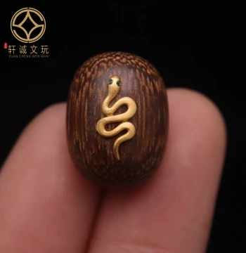 Original S925 Silver Gold-Plated Snake Inlaid Natural Agarwood Old-Style Barrel Bead Year of the Snake Loose Bead DIY Accessory