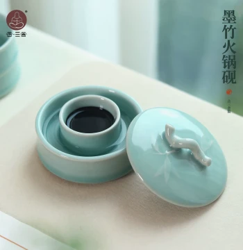 Hesanshe Ink Bamboo Ceramic Hot Pot Inkstone for Calligraphy - Non-Drying Double-Ring Lidded Humidifying Ink Box - Multi-Function Ink Pool to Prevent Evaporation for Brush Painting Practice
