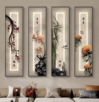 New Chinese Style Plum, Orchid, Bamboo, and Chrysanthemum Living Room Decorative Paintings - Zen Four-Panel Ink Wash Tea Art, Calligraphy, and Landscape Framed Wall Art