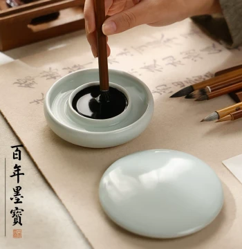 Antique Glaze Celadon Ru Kiln Ink Dish Hot Pot Inkstone Wholesale Lidded Anti-Drying Ink Dish Porcelain Ink Storage Calligraphy Supplies Four Treasures of the Study
