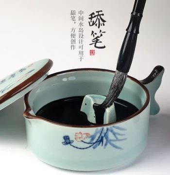 Ceramic Ink Well, Ink Slab, and Brush Washer Set with Lid for Calligraphy and Chinese Painting