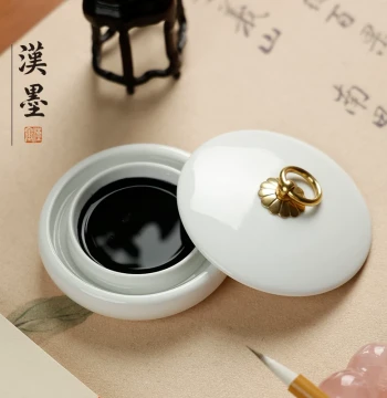 Mubai Anti-Drying Ink Dish White Porcelain Ink Pool with Lid, Antique Glaze Hotpot Inkstone, Calligraphy Supplies for Brush Writing