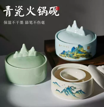 Ceramic Sky-Blue Hotpot Inkstone with Lid Moisture-Retaining Ink Pool Brush Ink Tray Ink Dish Ink Sea Multi-Function Double-Ring Inkstone