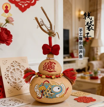 Painted Money Bag Gourd Ornament with Koi Fish Design for Housewarming Gifts
