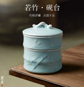 Creative Bamboo-Style Hot Pot Ink Stone for Calligraphy - Ceramic Multifunctional Covered Design Prevents Evaporation, Ideal for Practicing Brush Strokes, Ink Container, Ink Dish, and Student Four Treasures Display