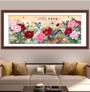 Blooming Flowers and Riches Wall Sticker Poster, Self-Adhesive Mural, Peony Chinese Painting, Sofa Background Wall Sticker, Living Room Decorative Art
