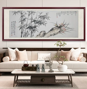 Bamboo Brings Peace Chinese Landscape Painting for Living Room; New Chinese Style Office Decor and Sofa Background Wall Art Featuring Bamboo