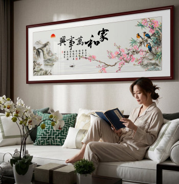 'Harmony Brings Prosperity' New Chinese Style Living Room Sofa Background Wall Hanging Scroll Painting with Flowers and Birds