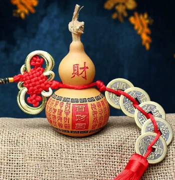 Taishan Fuyuan Pavilion Wild Natural Gourd with Five Emperor Coins Ornament and Pendant, Collectible Gourd Decor with Heart Sutra