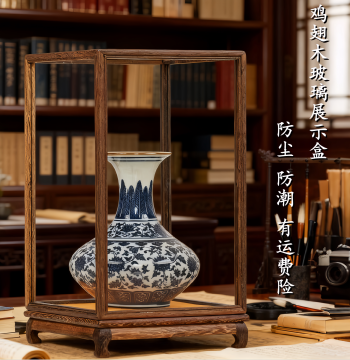 Rosewood Glass Display Case for Vases, Buddha Statues, and Collectibles - Solid Wood Dust Cover with Chicken Wing Wood Treasure Cage