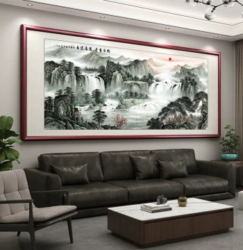 'Sunrise in the East' Chinese Landscape Painting - Living Room Wall Art, Office Decor, Sofa Backdrop, Wealth-Attracting Mountain View