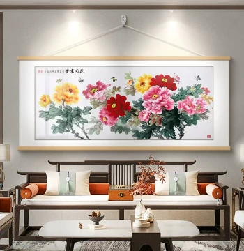 Blooming Flowers Bring Prosperity New Chinese Style Living Room Decor Peony Flower Chinese Painting Sofa Background Wall Hanging Office Mural
