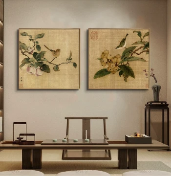 Chinese Style Tea Room Wall Art - Study Decor, Traditional Bird-and-Flower Painting, Living Room Tea Culture Zen Mural, and Entryway Foyer Art