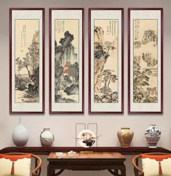 Four-Panel Chinese Landscape Painting Set - Traditional Center Hall Decor for Living Room, Tea Room, or New Chinese Style Sofa Background