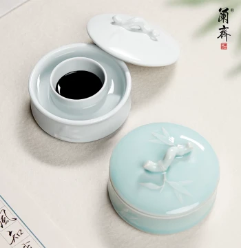 Hot Pot Inkstone Ceramic Ink Box Ink Dish Special for Ink with Lid Anti-Evaporation Double-Ring Inkstone Ink Storage Anti-Drying Calligraphy Brush National Painting Ink Dish Pen Rest Pen Washer Multi-Function Ink Box Four Treasures of the Study Ornament