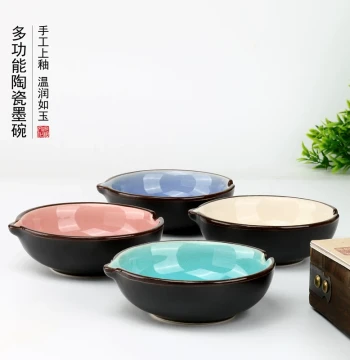 Guangzu Ceramic Ice-Crack Ink Bowl, Ink Dish, Brush Rest, Calligraphy Ink Pool, Four Treasures of the Study Desktop Ornament, Small Inkstone, Water Dish, Multifunctional Brush Washer and Ink Tray for Students and Beginners