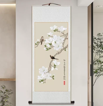 Traditional Chinese Magnolia Flower Scroll Painting for Living Room or Study Decor