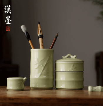 Calligraphy Inkstone Set - Ceramic Ink Dish with Double-Ring Anti-Dry Design for Practice