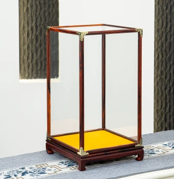 Custom Red Rosewood Glass Display Case for Antique Guanyin Buddha Statues and Collectibles