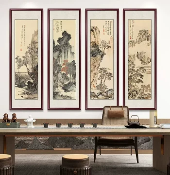 Traditional Chinese Landscape Painting Four-Panel Hanging Scroll, Central Hall Painting, New Chinese Style Living Room Sofa Background Wall Mural, Tea Room Decorative Art