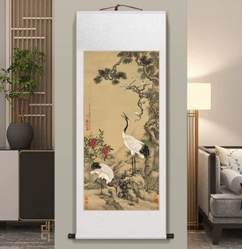 'Pine and Crane for Longevity' Vertical Chinese Painting Scroll for Entryway, Living Room, or Tea Room Decoration in Traditional Style