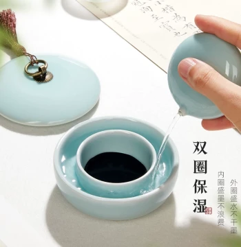Ceramic Hot Pot Inkstone with Double Ring for Moisture Retention and Evaporation Prevention, Celadon Ru Kiln Inkstone for Calligraphy, Ink Grinding for Beginners Practicing Brush Writing, Ink Stick Grinding, Ink Pool, Liquid Ink, She Inkstone, Ink Box, Wa