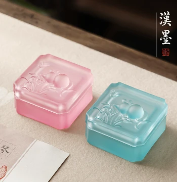 Fu Lu Ink Box with Glazed Crystal Inkstone, Lidded Ink Dish, Non-Drying High-Aesthetic Display Piece, Humidifying Premium Four Treasures of the Study, Transparent Glass Ink Plate for Calligraphy, Small Regular Script
