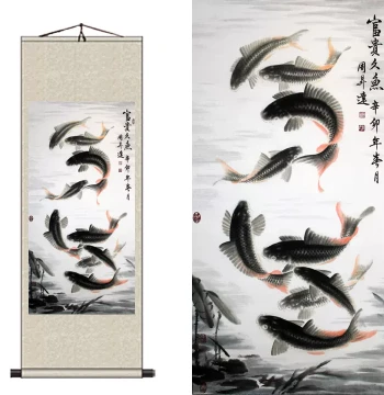 Chinese Painting 'Nine Prosperous Fish' - Feng Shui Wall Art for Entryway, Living Room, or Study - Silk Scroll Featuring Black Fish Symbolizing Success