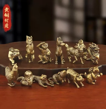 Pure Brass 3D Zodiac Dog Ornament, Complete Set of Twelve Zodiac Signs, Ben Ming Year Talisman, Collectible Tea Pet, Small Bronze Figurine