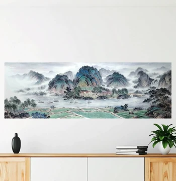 Deng Zhifeng Hand-Painted 'Fortunate Land, Peaceful Home' Landscape - Feng Shui Mountain Backdrop for Wealth, Office or Living Room Decor
