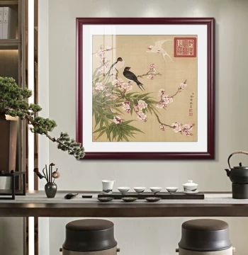 Famous Artist Yu Xi's Flower-and-Bird Painting - Framed Chinese Art Featuring Orchids and Plum Blossoms for Living Room Sofa Background or Dining Room Wall Decor