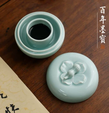 Persimmon and Peanut Design Ink Box with Lid - Anti-Drying Calligraphy Ink Well with Multi-Function Brush Rest