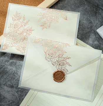 Aili Gold-Foiled Vellum Envelope and Letter Paper Set, Premium Rose Gold Semi-Transparent Romantic Handwritten Love Letters for Graduation, Invitations, and Gifts