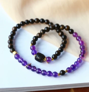 Natural Amethyst and Agarwood Bracelet - Original Two-Loop Design for Women, Crystal Collectible Beaded Accessory