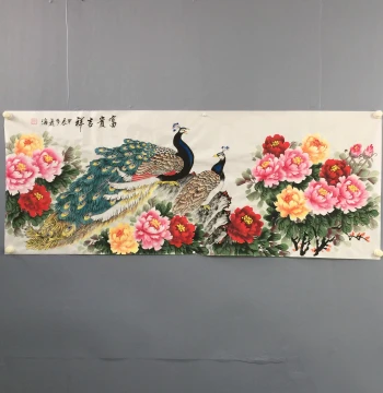 Teacher Zhen Hai's Pure Hand-Painted Peony Guohua Horizontal Scroll - Peacock, Wealth, and Auspiciousness, Living Room Sofa Wall Background Decorative Hanging Picture