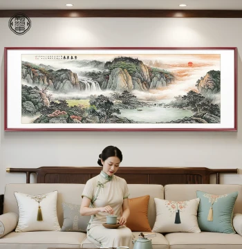 Chinese Painting 'Purple Qi from the East' Landscape Art - Framed Wall Decor for Living Room, Office, or Sofa Background