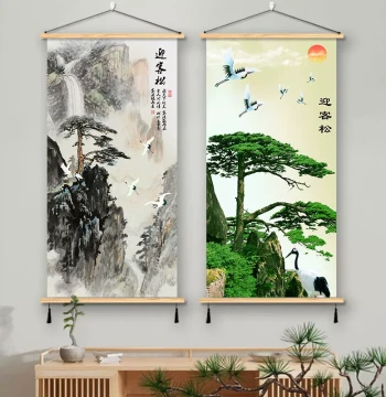 Welcoming Guest Pine Scenery Hanging Scroll, Huangshan Landscape Chinese Ink Painting, Feng Shui Wealth Decor for Living Room and Entryway
