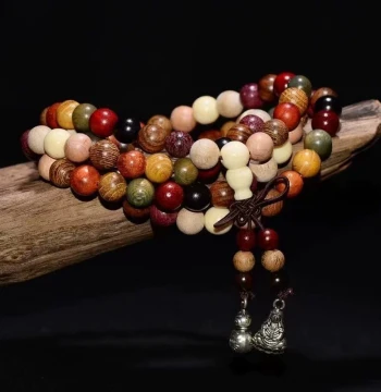 Multi-Gem Bead Bracelet, 108 Colorful Prayer Beads Made of Natural Agarwood and Sandalwood, Unisex Jewelry and Antique Accessory