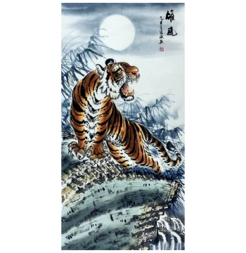 Hand-Painted Chinese Ink Wash Painting of Tigers Ascending and Descending Mountains, Traditional Decor for Office and Living Room, 3ft/4ft by Zhang Wei 100GG136