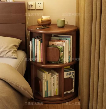 Solid Wood Rotating Bookshelf 360-Degree Bookcase Home Living Room Children's Reading Rack Floor-Standing Storage Unit Bedroom Bedside Cabinet