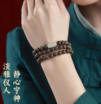 Natural Agarwood Double-Wrap Prayer Beads Bracelet for Couples with Jade Luck Beads and Sandalwood
