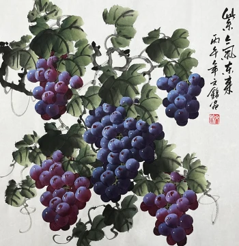 Zhang Wenjin Hand-Painted Chinese Grape Painting 50x50cm 'Purple Energy from the East' for Dining Room, Living Room, Hallway, and Entryway Decor