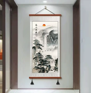 Chinese Landscape Painting for Living Room, High Mountains and Flowing Water Entryway Decor, Vertical Scroll Art for Office Background Wall