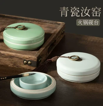Ru Kiln Celadon Hotpot Inkstone with Double-Ring Ink Pool, Anti-Drying Ink Saucer with Lid, Duan Inkstone for Calligraphy, Vintage Moisture-Retaining Ceramic Ink Box, Natural Stone Grinding Plate for Brush and Ink, Four Treasures of the Study