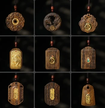Agarwood Safety Plaque with Gold Inlay: 461 Style Necklace Pendant, Classical Wood Craft